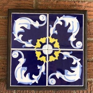 Set of 4 Framed Vintage Ideal Standard Mexican Art Tiles Footed Hot Plate Trivet